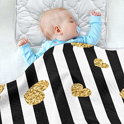Pigsaly Black White Stripes Toddler Blanket 30x40in Gold Heart Glitter