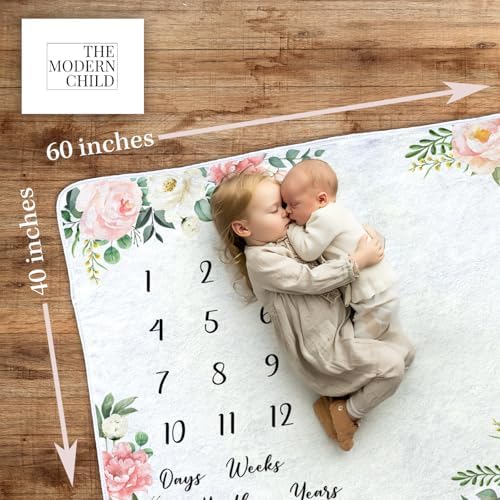 Modern Child Baby Milestone Blanket - Soft Fleece with Pink Flowers 60x40 Inch