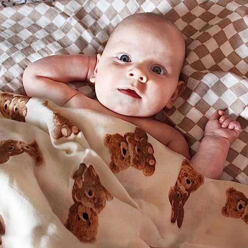 LifeTree Muslin Swaddle Blanket Bear Checkered Design 47x47 Inches