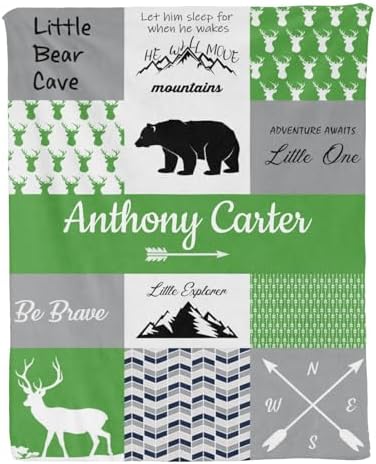 Personalized Baby Blanket with Name for Boys - Green Woodland