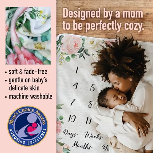 Modern Child Baby Milestone Blanket - Soft Fleece with Pink Flowers 60x40 Inch