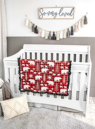 Top Tots Baby Blanket - Red Black Plaid Bear Cubs 31x31 Inch