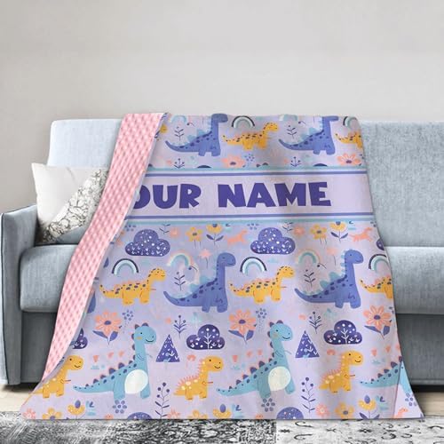 Personalized Baby Blanket for Girls with Purple Dinosaur Pattern