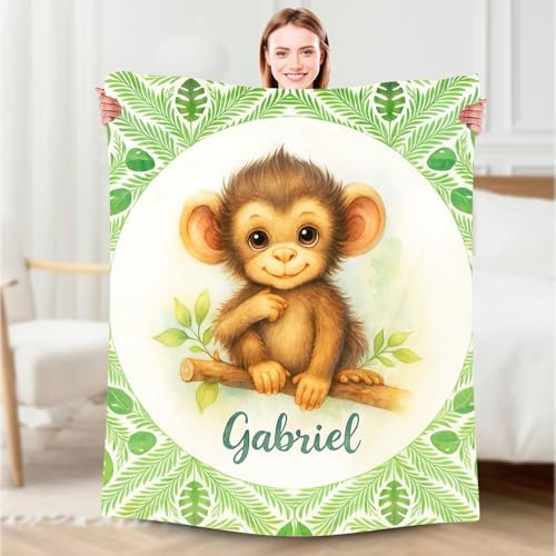 Zocoshi Personalized Baby Blanket with Name Jungle Monkey Throw for Boys Girls