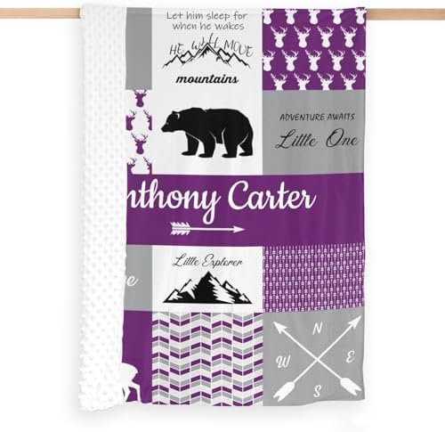 Personalized Baby Blanket for Boys with Name Purple Woodland Design 50x60 Inch