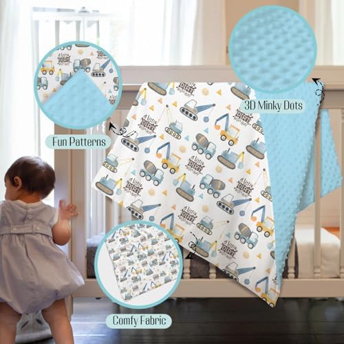 Mink Baby Blanket Blue Yellow Construction Vehicle