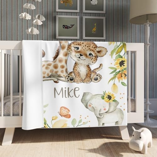 Customized Name Baby Blanket with Wild Animals and Flowers