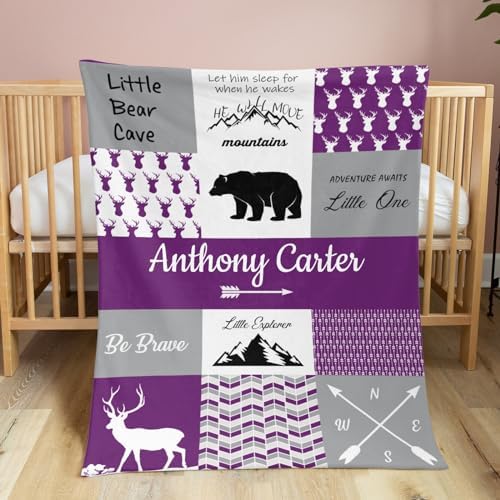 Personalized Baby Blanket for Boys with Name Purple Woodland Design 50x60 Inch