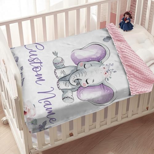 Custom Baby Blanket with Name Purple Elephant Double Layer Dotted Swaddle Blanket