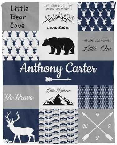 Personalized Baby Blanket for Boys with Name Navy Woodland