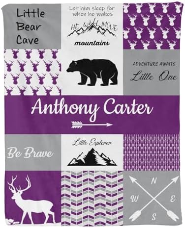 Personalized Baby Blanket for Boys with Name Purple Woodland Design 50x60 Inch