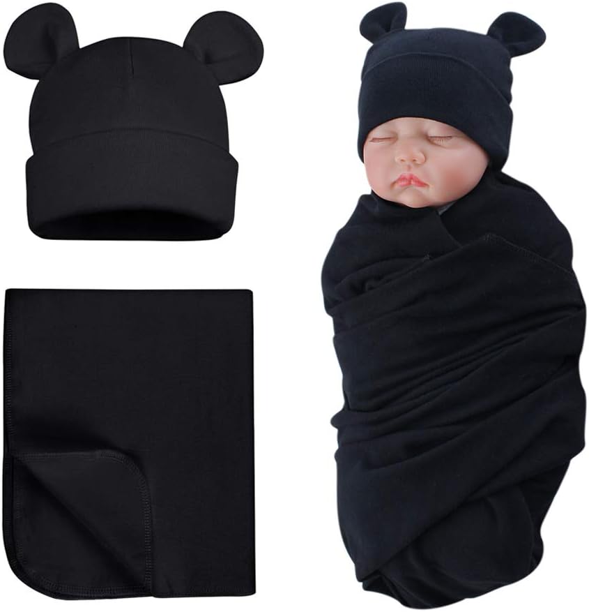 PESAAT Cotton Baby Swaddle Hat Set for Newborns