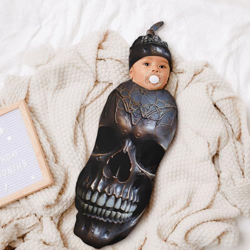 Copper Skull Print Newborn Swaddle Blanket Set with Beanie