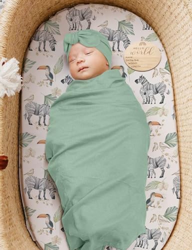 ZURLEFY Stretchy Swaddle Blanket with Matching Headband and Hat Set