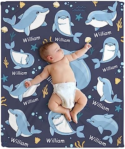 Hyturtle Personalized Baby Blanket - Dolphin Design for Newborns