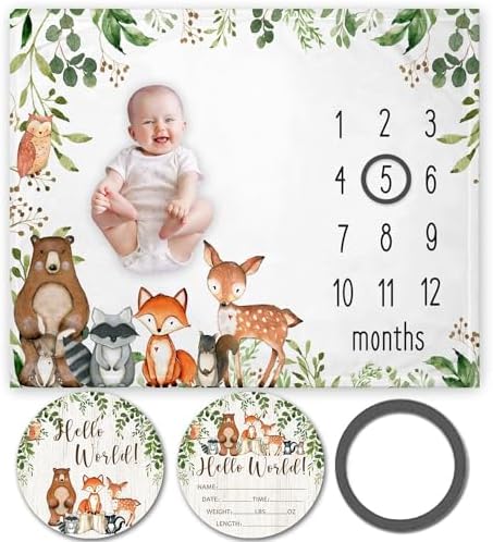 Yuzioey Woodland Animals Baby Milestone Blanket with Birth Stat Sign