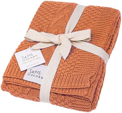 Sweet Acorn Cable Knit Baby Blanket - Sunset Orange 1
