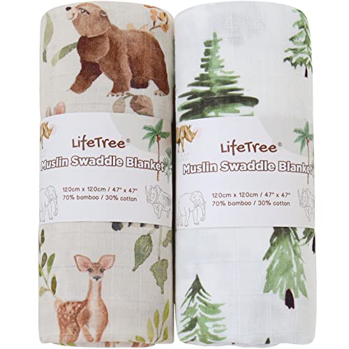 LifeTree Muslin Swaddle Blankets 47x47in Woodland Pattern