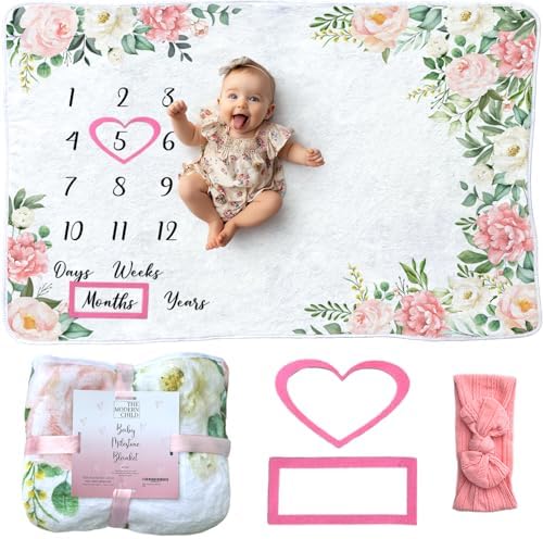Modern Child Baby Milestone Blanket - Soft Fleece with Pink Flowers 60x40 Inch