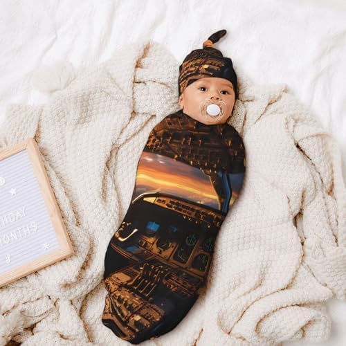 LiuMng Airplane Cockpit Swaddle Blanket Beanie Set for Newborns