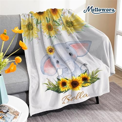 Custom Sunflower Elephant Blanket for Kids Flannel Personalized Baby Throw with Name
