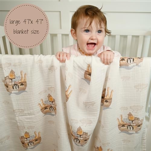 LollyBanks Muslin Swaddle Blanket with Noahs Ark Print