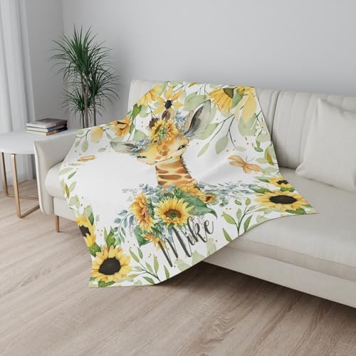Personalized Fluffy Sherpa Baby Blanket with Sunflower Giraffe Design