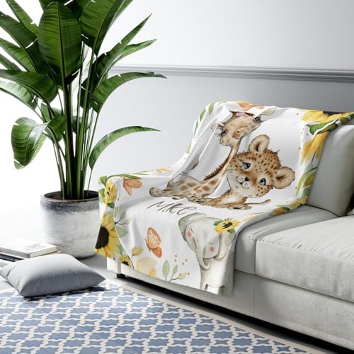 Customized Name Baby Blanket with Wild Animals and Flowers