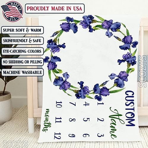 Personalized Iris Flower Baby Monthly Blanket - Soft Cozy Crib Decor