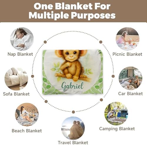 Zocoshi Personalized Baby Blanket with Name Jungle Monkey Throw for Boys Girls