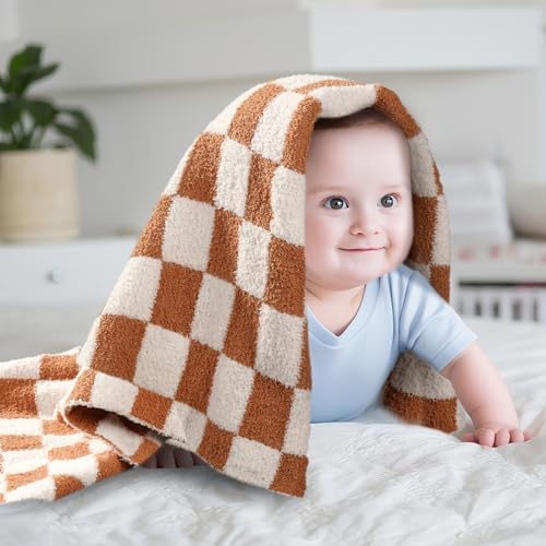 Brown Checkered Fuzzy Throw Blanket Cozy 30x40 Inch