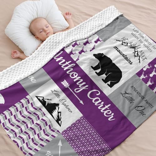 Personalized Baby Blanket for Boys with Name Purple Woodland Design 50x60 Inch