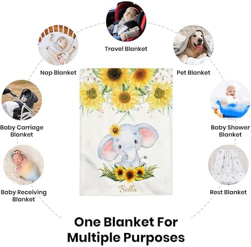 Custom Sunflower Elephant Blanket for Kids Flannel Personalized Baby Throw with Name