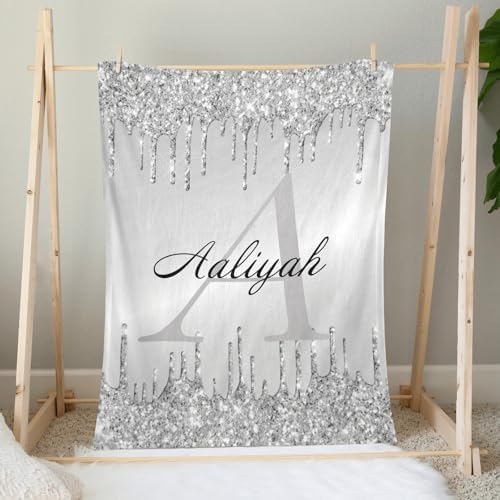 Personalized Baby Blanket with Monogram Silver Drip Glitter 1