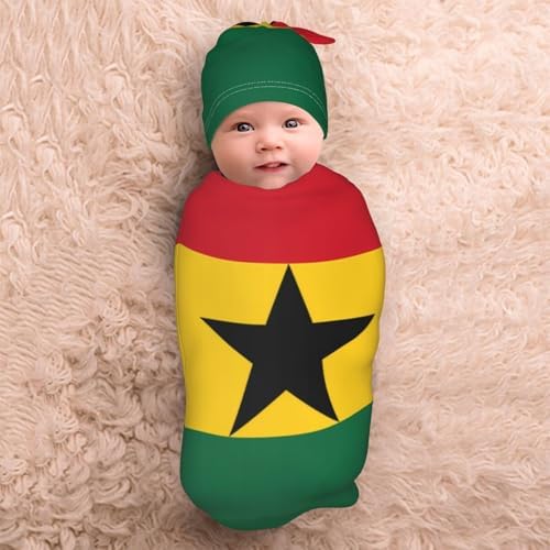 Flag of Ghana Print Newborn Swaddle Blanket with Beanie Set
