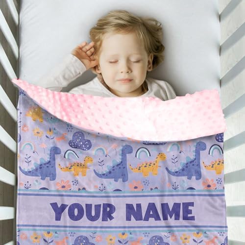 Personalized Baby Blanket for Girls with Purple Dinosaur Pattern