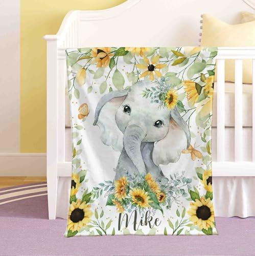 Personalized Sunflower Elephant Baby Blanket