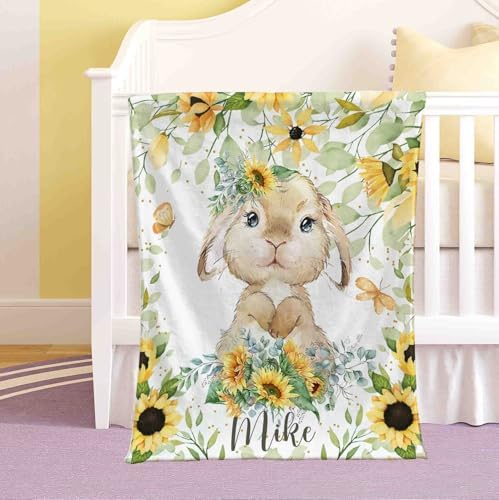Customized Bunny Sunflower Baby Blanket with Name