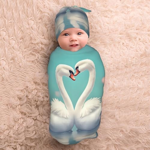 LiuMng Love Print Newborn Swaddle with Beanie Set