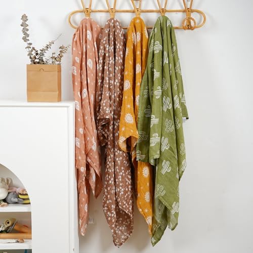 4 Set Muslin Swaddle Blankets with Cactus Print for Newborn