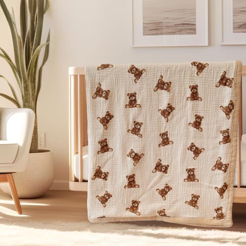 Little Jump 2-Layer Muslin Baby Blanket - Teddy Bear Design 47x47 Inches