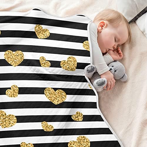 Pigsaly Black White Stripes Toddler Blanket 30x40in Gold Heart Glitter