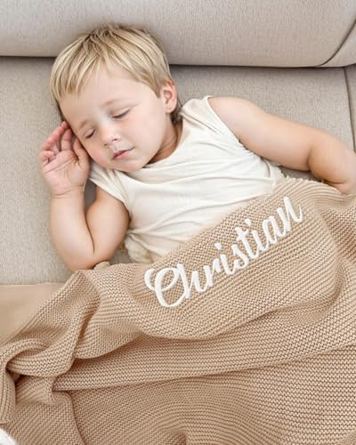 Personalized Knit Baby Name Blanket - Custom Embroidered Camel