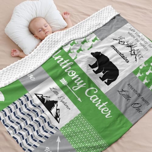 Personalized Baby Blanket with Name for Boys - Green Woodland