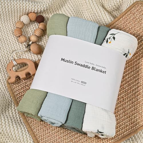 GLLQUEN BABY 4-Pack Muslin Swaddle Blankets for Newborns