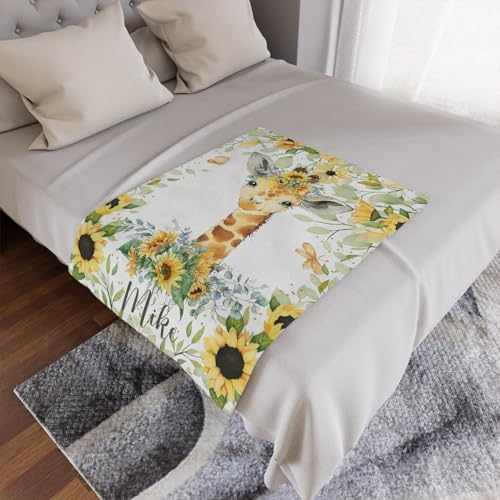 Personalized Fluffy Sherpa Baby Blanket with Sunflower Giraffe Design