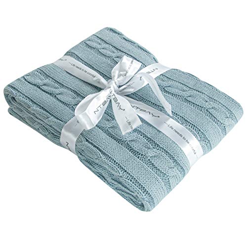 NTBAY 100 Pure Cotton Cable Knit Toddler Blanket - Baby Blue 30x40 Inches