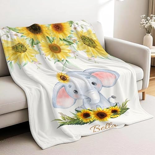 Custom Sunflower Elephant Blanket for Kids Flannel Personalized Baby Throw with Name