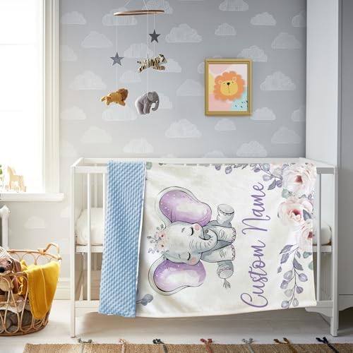 Custom Baby Blanket with Name Purple Elephant Double Layer Dotted Swaddle Blanket