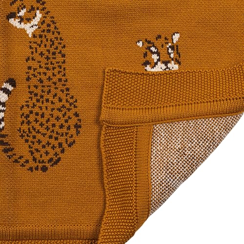 Creative Co-Op Soft Cotton Knit Baby Blanket with Cheetahs Mustard 1